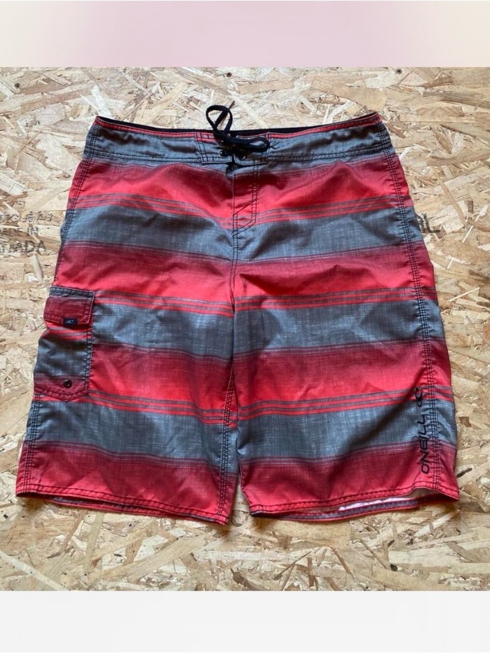 O'Neill Red & Gray Striped Men's Swim Trunks